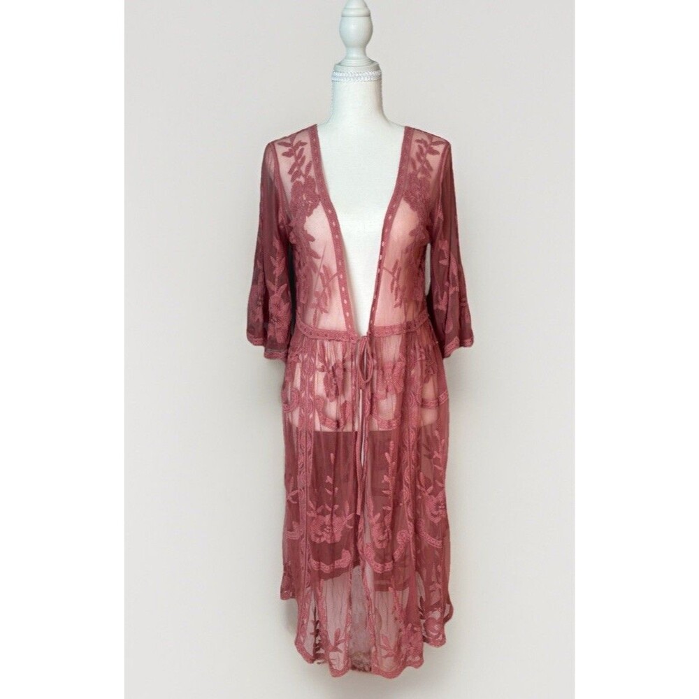 Fairy Romantic Embroidered Lace Duster Kimono Dusty Rose Boho Mesh Cover Up S